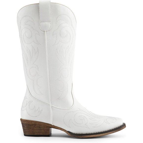 Dream Pairs Women's White Mid Calf Cowgirl Boots Square Toe Chunky Heel Shoes - Picture 2 of 8